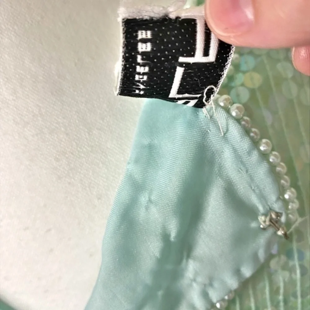 Scala Vintage Fully Sequined Mint Green Short Sleeve Top with Pearl‎ Accents - Picture 9 of 13